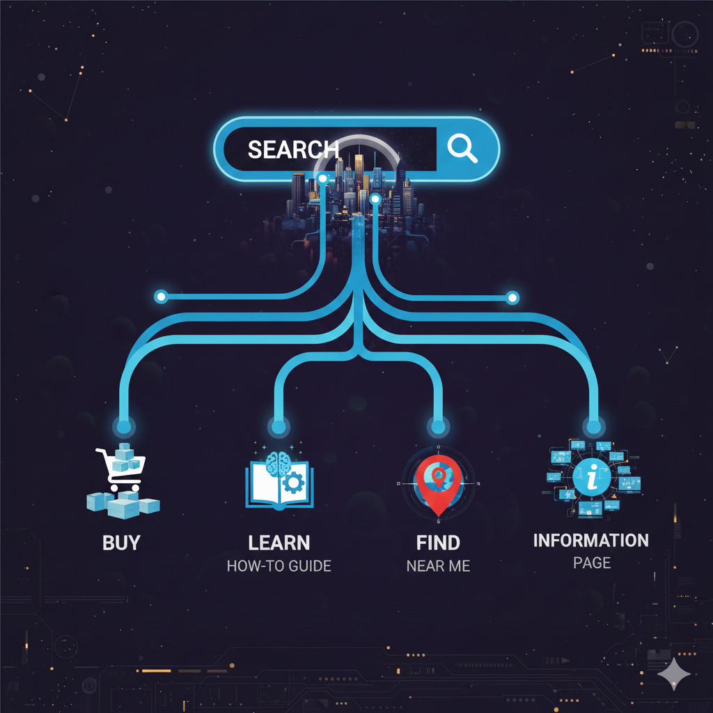 Image explaining search intent. There is a search bar in this image which is connected through city.